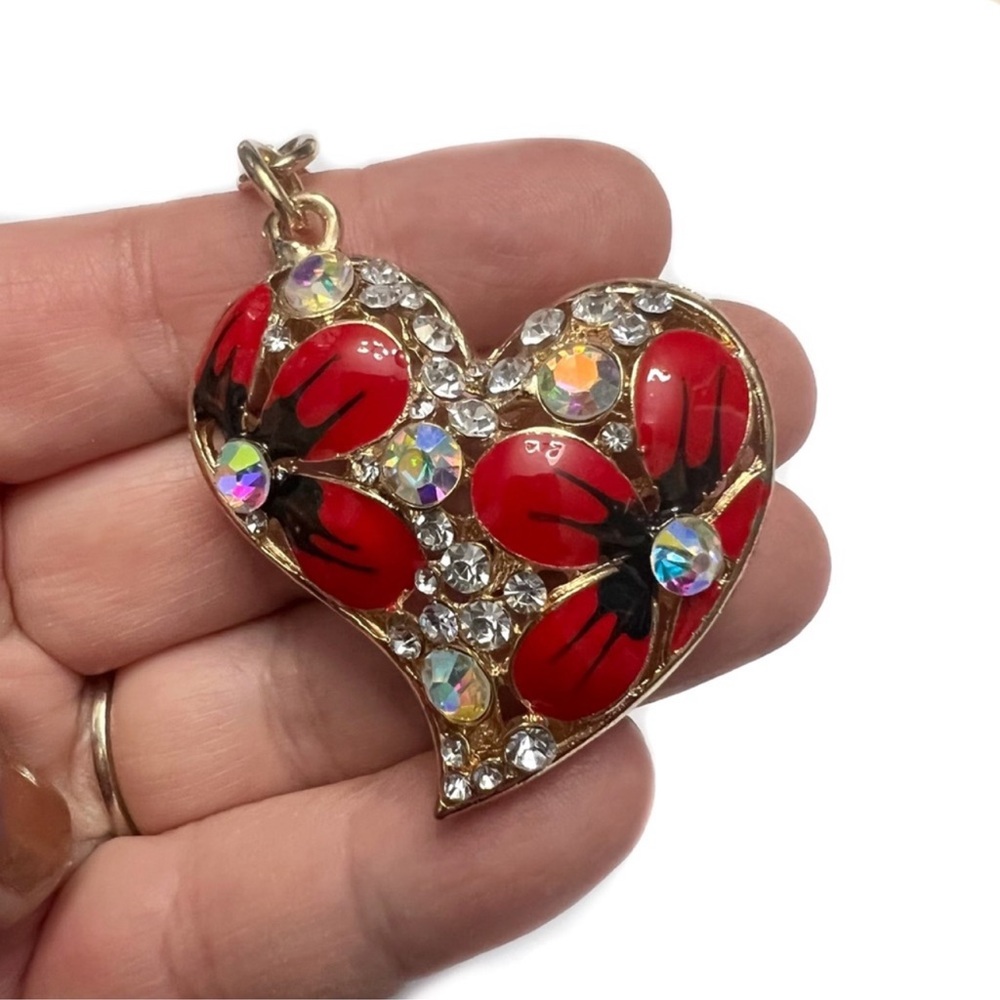 3/$20 Heart Keychain with Red Flowers and Rhinestones